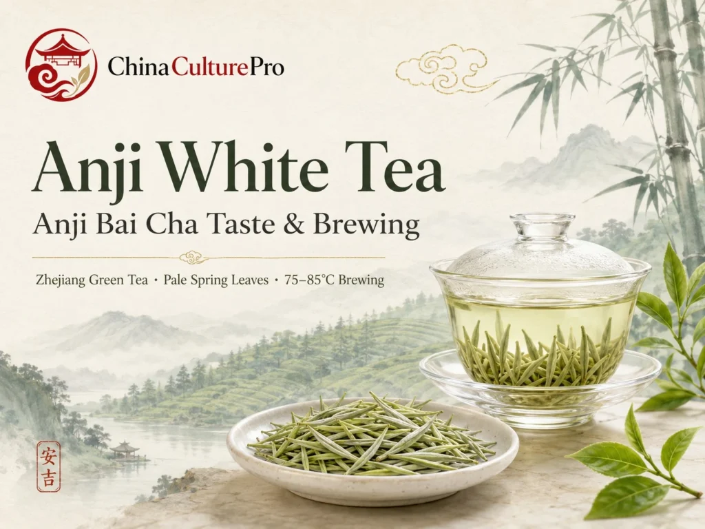 Anji White Tea cover with pale green leaves, glass gaiwan, and misty Zhejiang tea landscape