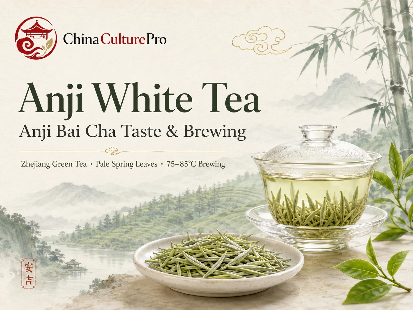 Anji White Tea cover with pale green leaves, glass gaiwan, and misty Zhejiang tea landscape