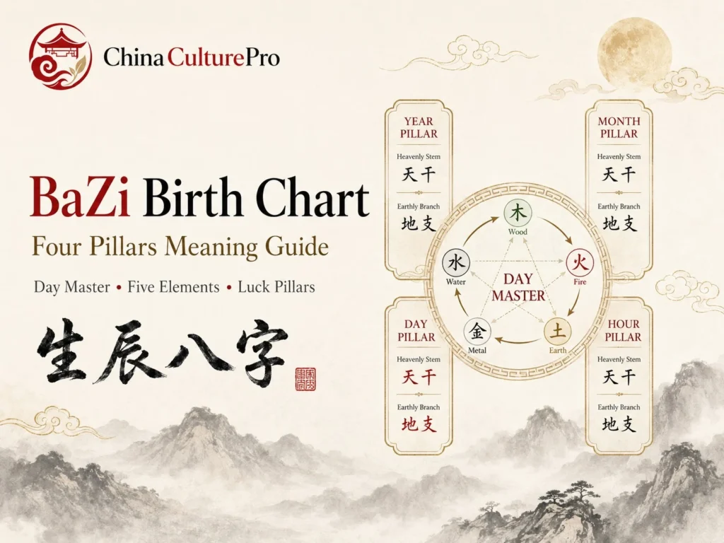 BaZi birth chart Four Pillars meaning guide with Day Master Five Elements and Luck Pillars diagram
