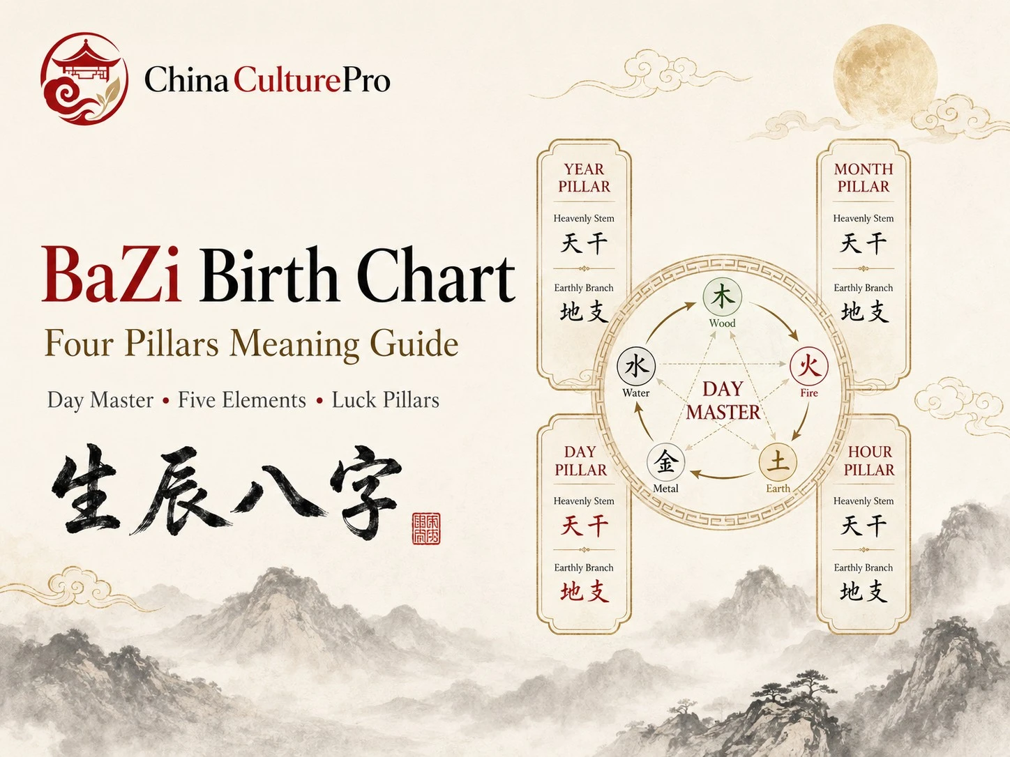 BaZi birth chart Four Pillars meaning guide with Day Master Five Elements and Luck Pillars diagram