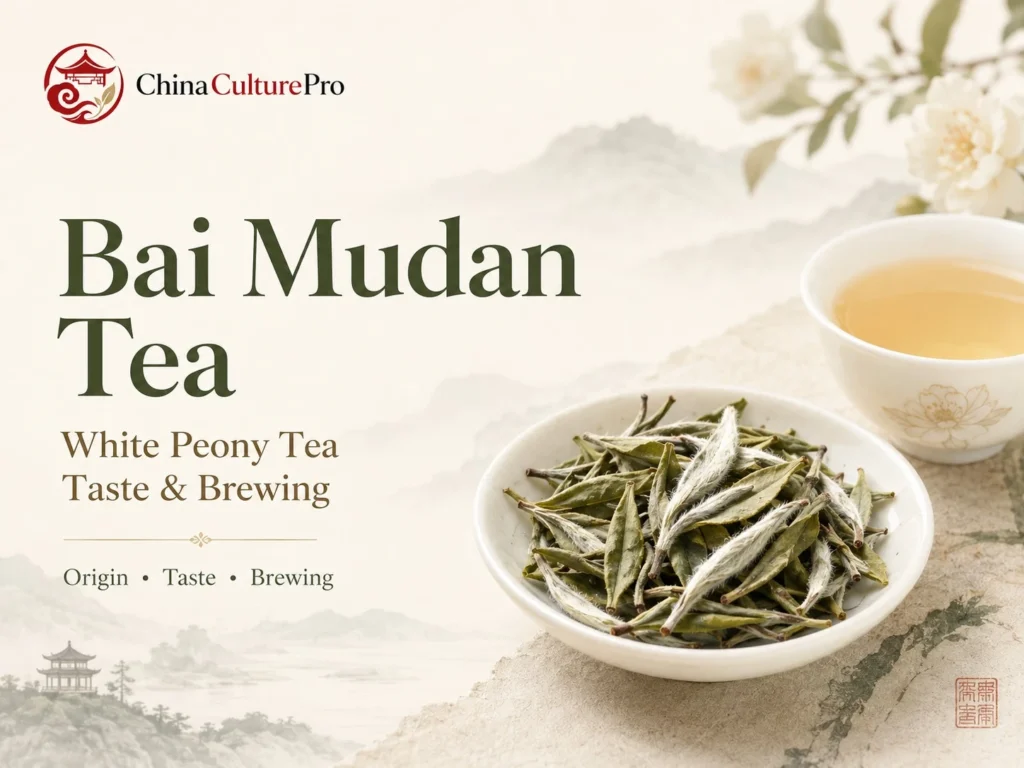 Bai Mudan Tea guide with White Peony tea leaves, pale golden liquor, and misty Fujian scenery