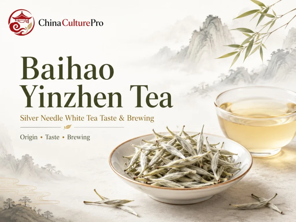 Baihao Yinzhen Tea guide with silver needle white tea buds, pale liquor, and misty mountain scenery