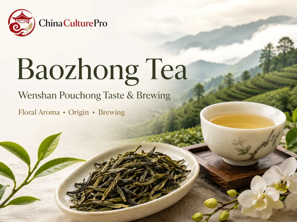 Baozhong Tea guide with Wenshan Pouchong leaves, pale golden liquor, floral accents, and Taiwan tea hills