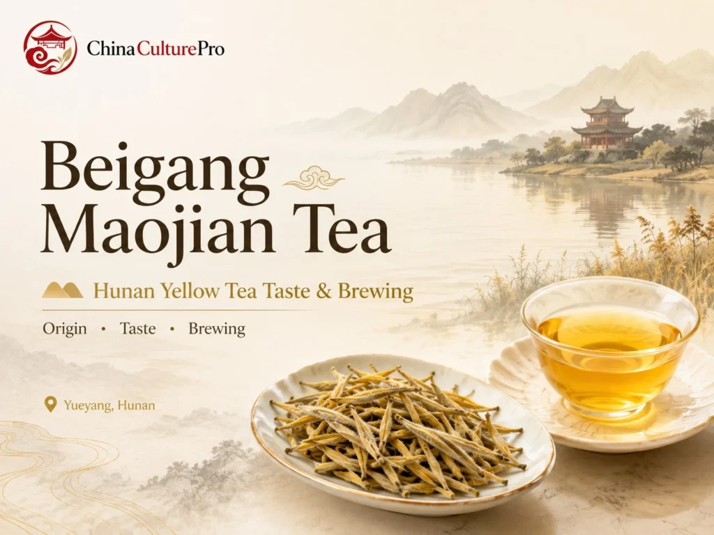 Beigang Maojian Tea guide with golden yellow tea, strip shaped leaves, and Yueyang lakeside scenery