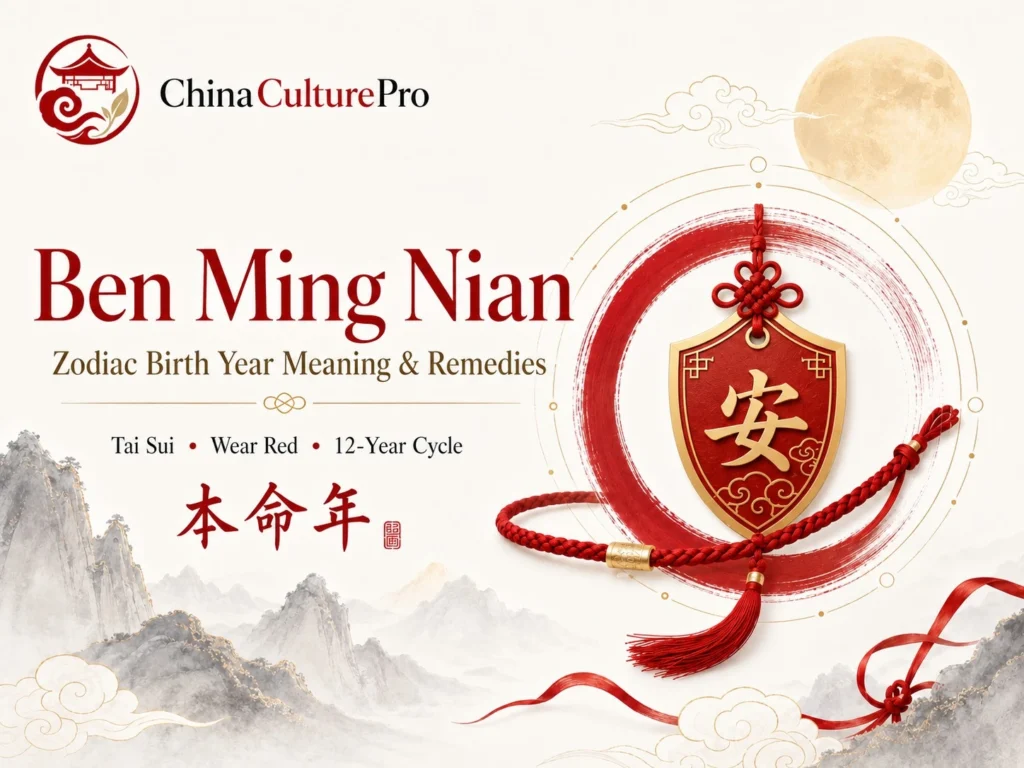 Ben Ming Nian zodiac birth year meaning remedies with Tai Sui red charm and 12 year cycle symbolism