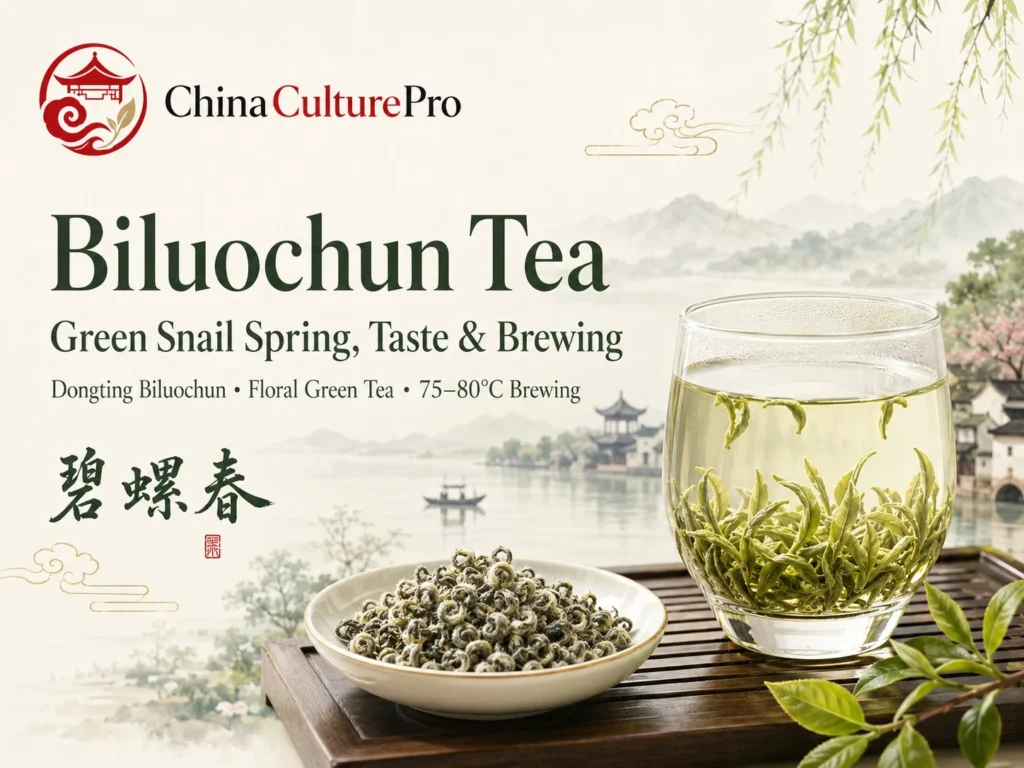 Biluochun tea cover with Green Snail Spring leaves glass cup and Dongting lakeside scenery