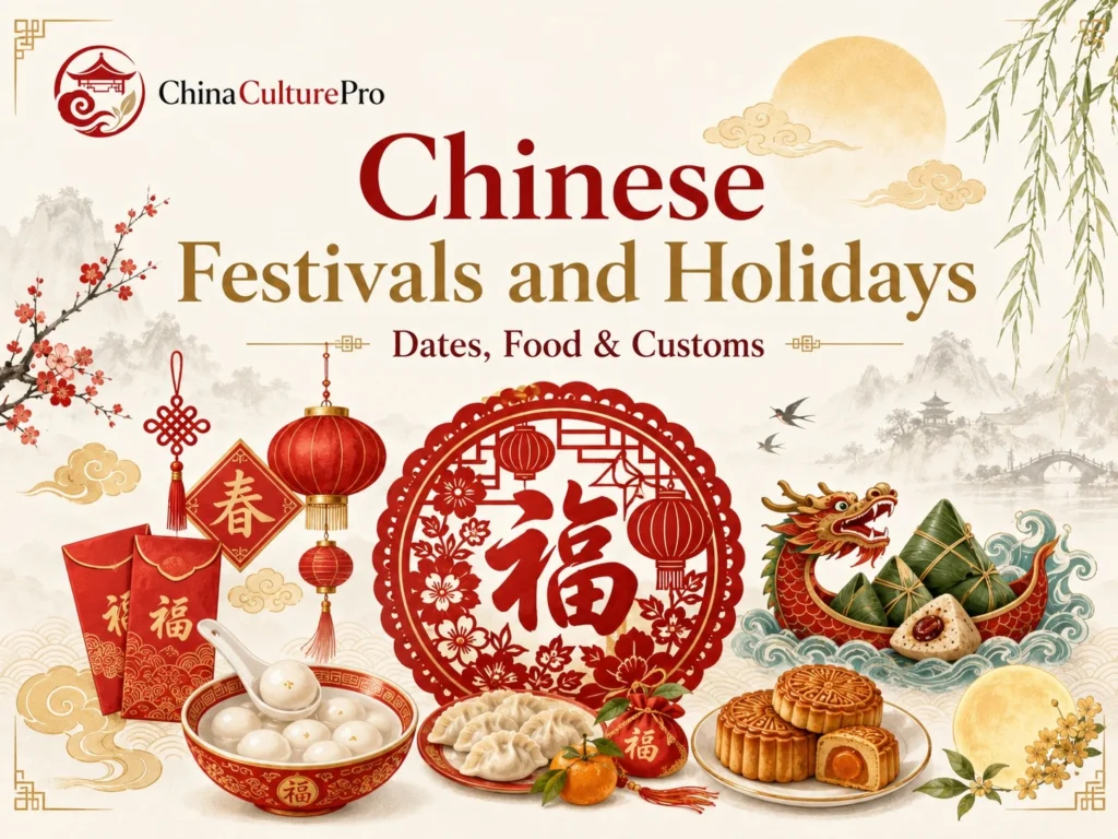 Chinese Festivals and Holidays cover featuring traditional festival symbols, foods, and customs in Chinese cultural style.