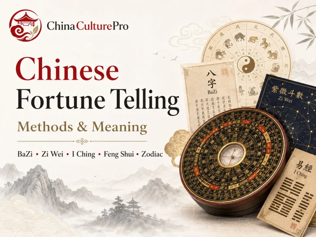Chinese Fortune Telling guide with BaZi, Zi Wei, I Ching, Feng Shui, and zodiac symbols