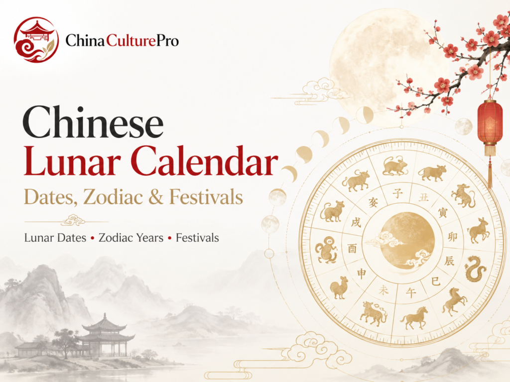 Chinese Lunar Calendar guide with zodiac wheel, moon phases, festivals, and traditional Chinese landscape