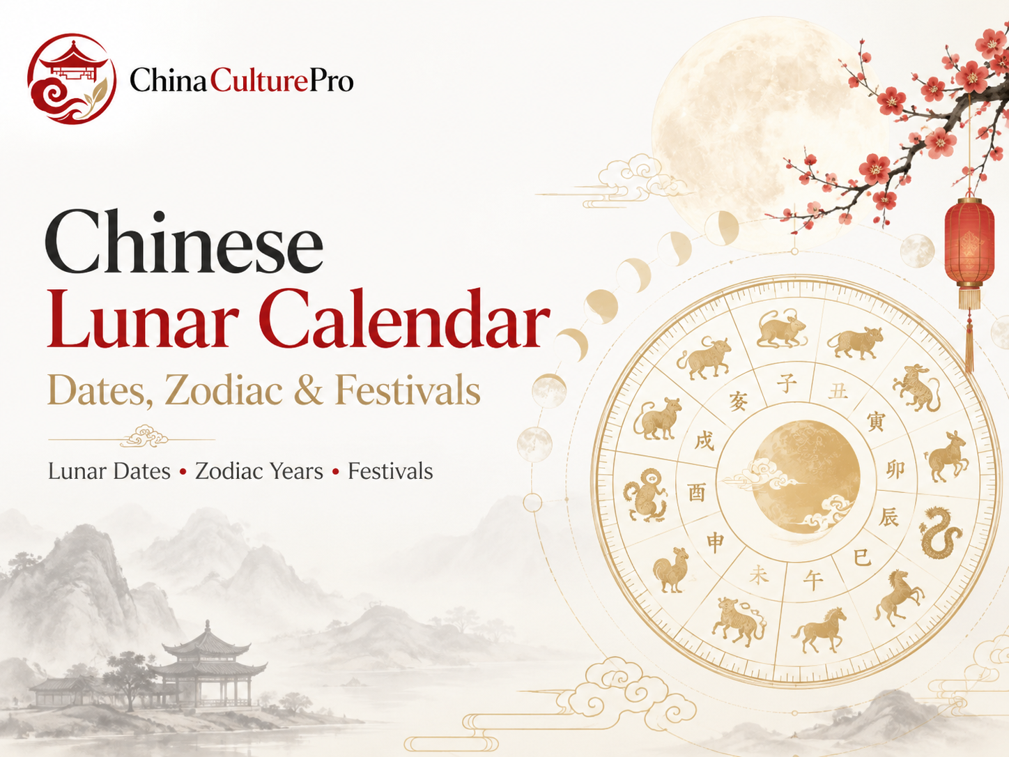Chinese Lunar Calendar guide with zodiac wheel, moon phases, festivals, and traditional Chinese landscape