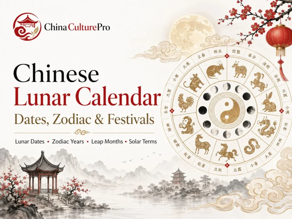 Chinese Lunar Calendar guide with zodiac wheel, moon phases, leap months, solar terms, and festivals