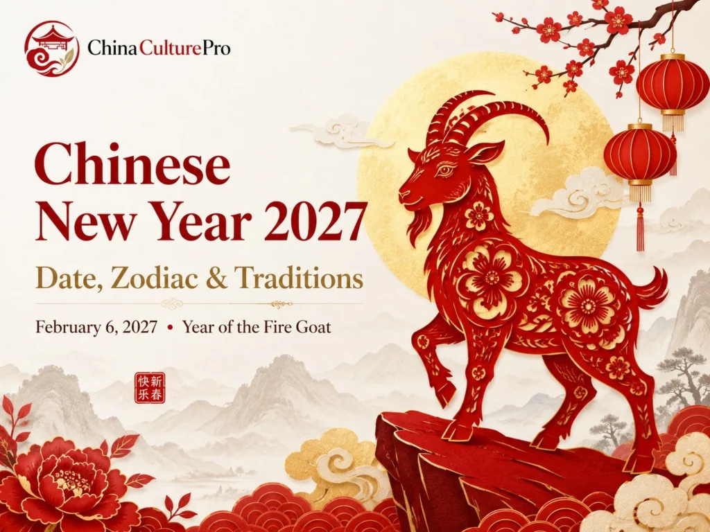 Chinese New Year 2027 cover with Fire Goat, lanterns, moon, and traditional Chinese motifs.