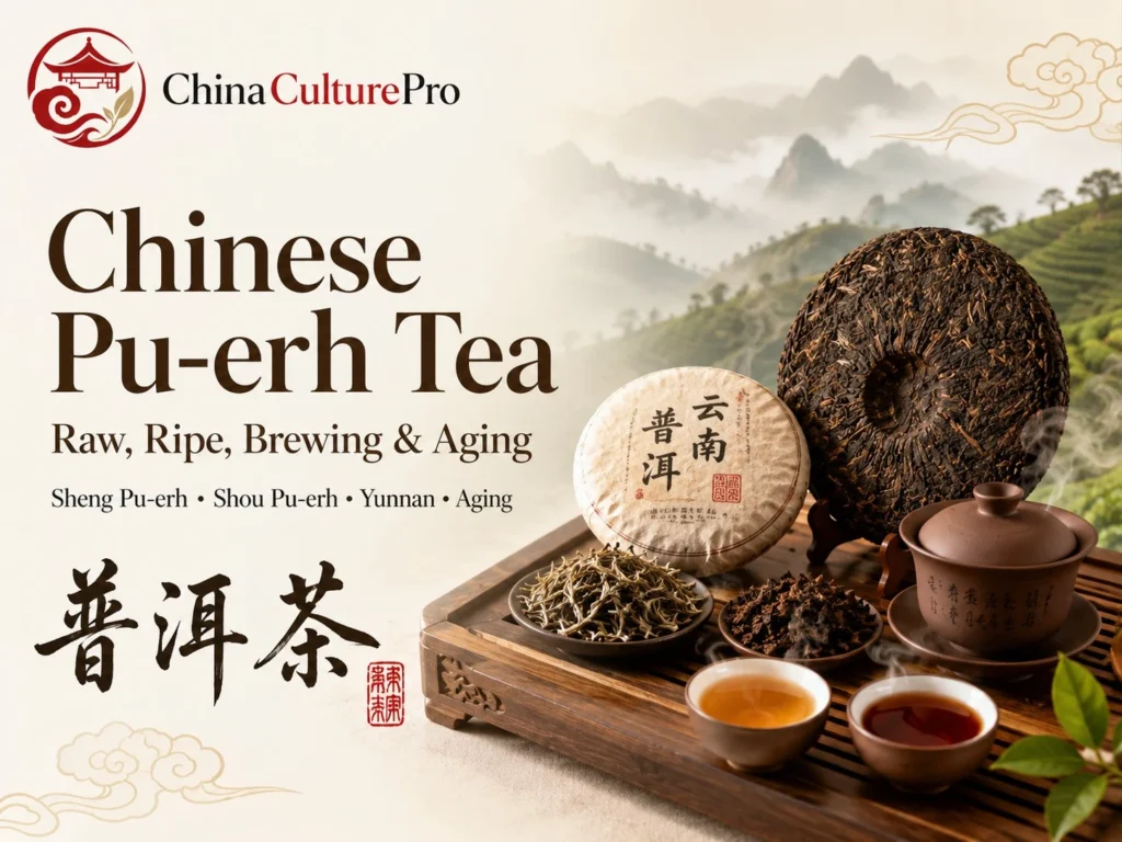 Chinese Pu erh tea cover with tea cake, gaiwan, tea cups, and Yunnan tea landscape