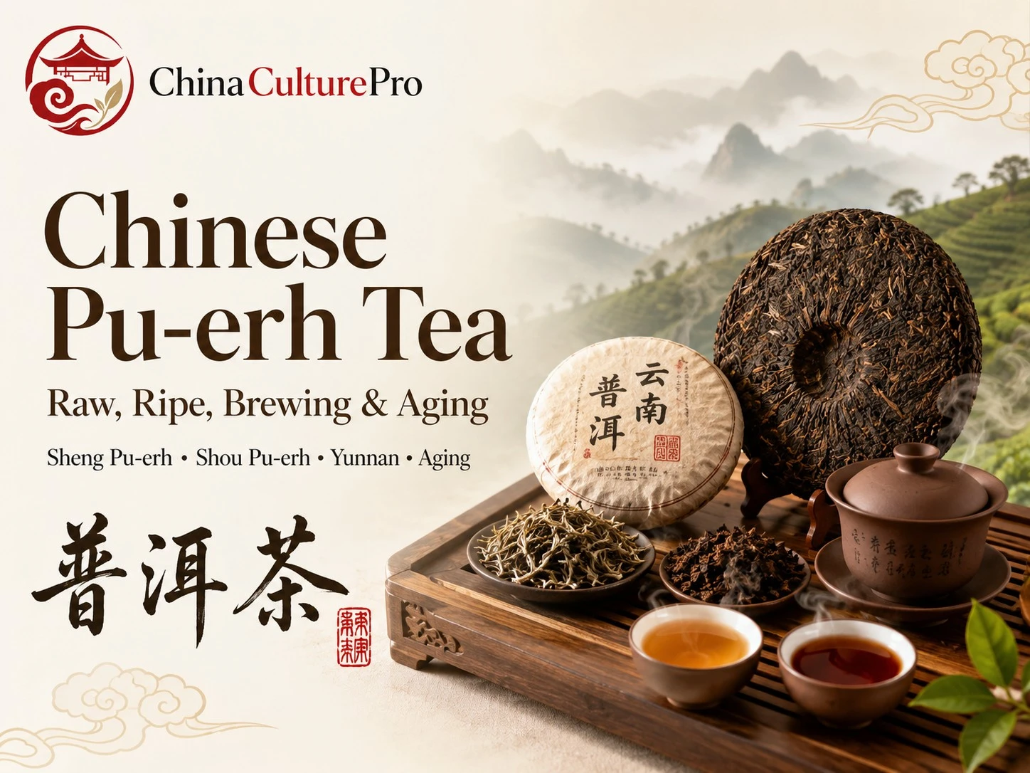 Chinese Pu erh tea cover with tea cake, gaiwan, tea cups, and Yunnan tea landscape