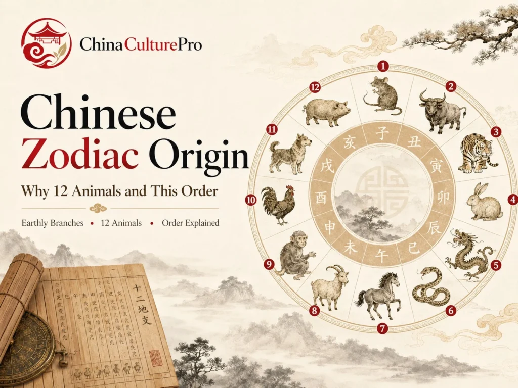 Chinese Zodiac Origin guide with zodiac wheel, twelve animals, Earthly Branches, and ancient bamboo slips