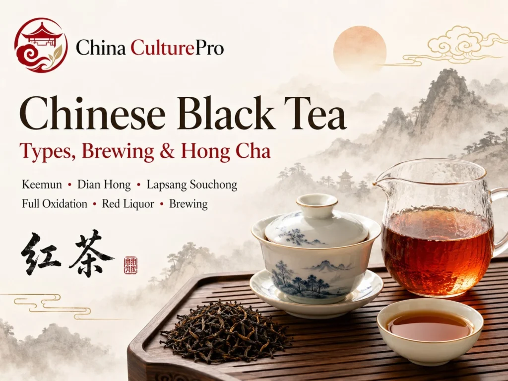 Chinese black tea cover with gaiwan, red liquor, loose leaves, and mountain landscape