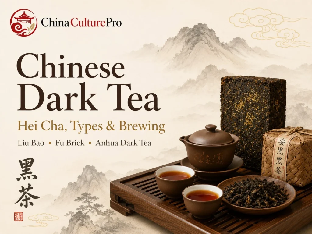Chinese dark tea cover with Hei Cha brick tea, gaiwan, tea cups, and Anhua dark tea imagery