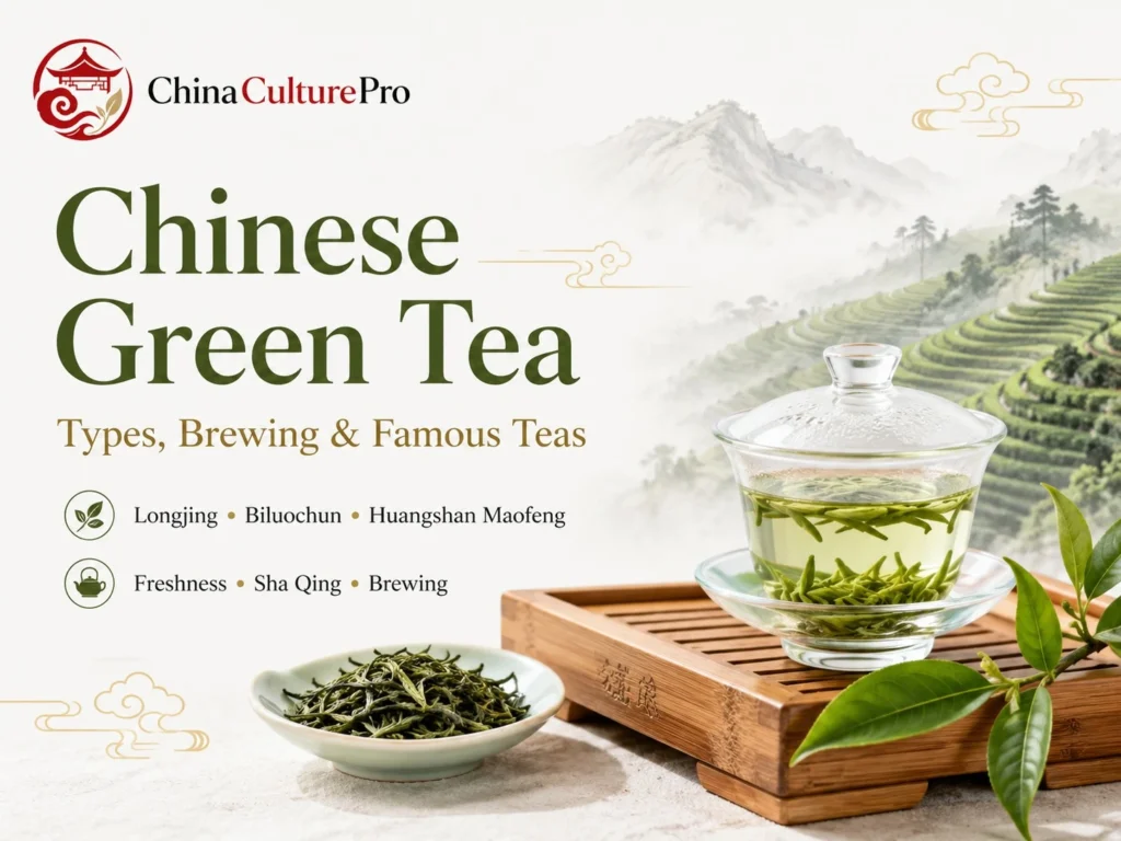 Chinese green tea cover with gaiwan, tea leaves, tea tray, and misty tea terraces