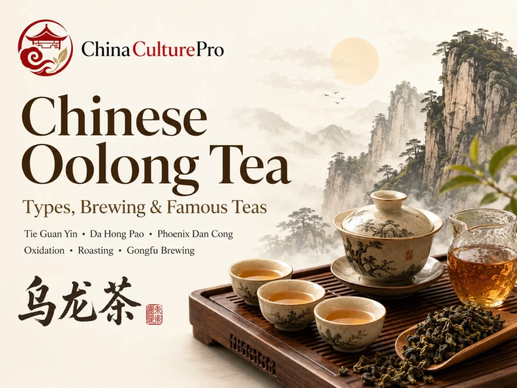 Chinese oolong tea cover with gaiwan, teacups, amber tea, oolong leaves, and mountain landscape
