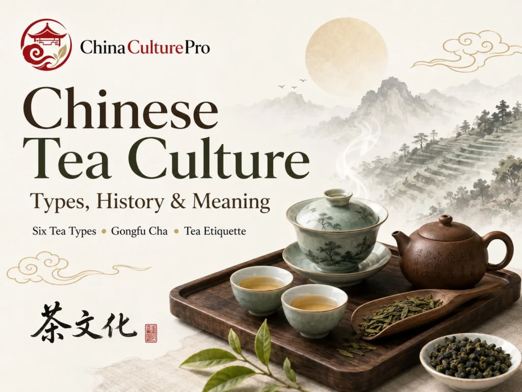 Chinese tea culture cover with teaware, tea leaves, terraces, and Gongfu Cha imagery