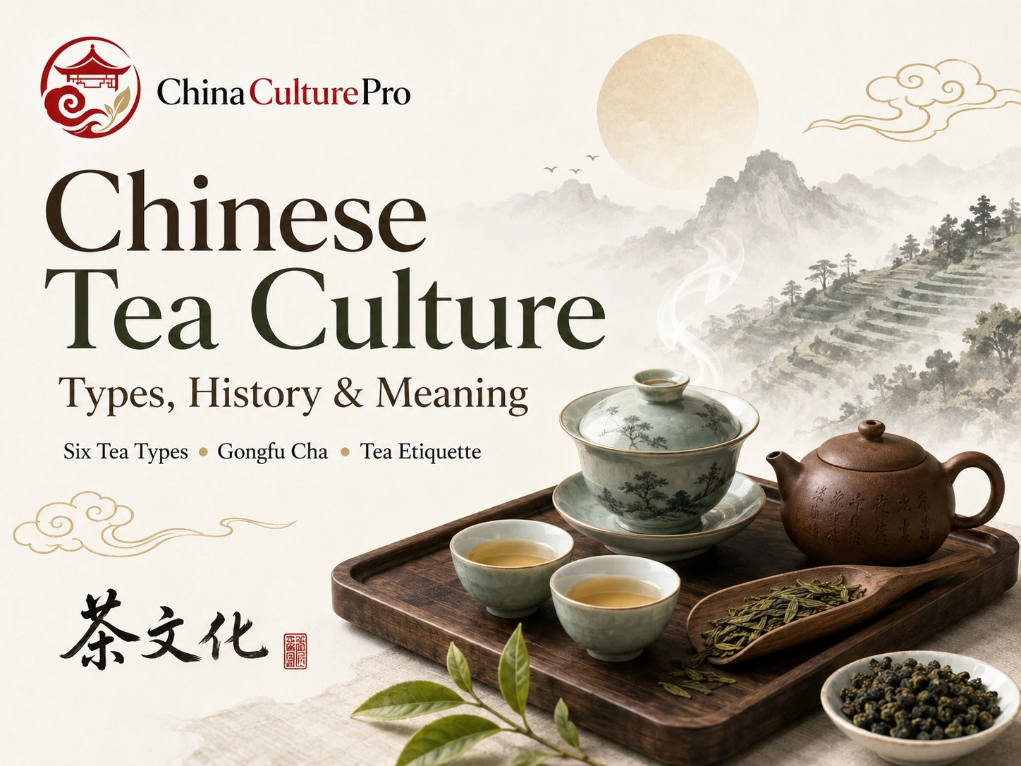 Chinese tea culture cover with teaware, tea leaves, terraces, and Gongfu Cha imagery