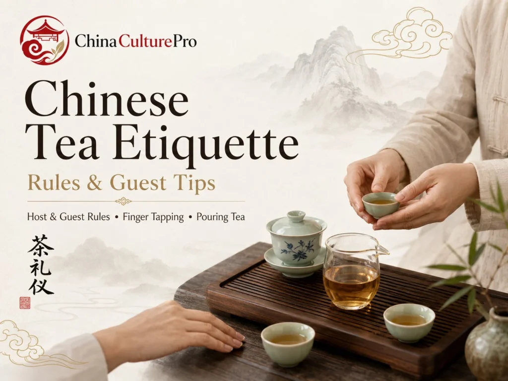 Chinese tea etiquette cover with host serving tea, guest tips, gaiwan, fairness cup, and tea table manners