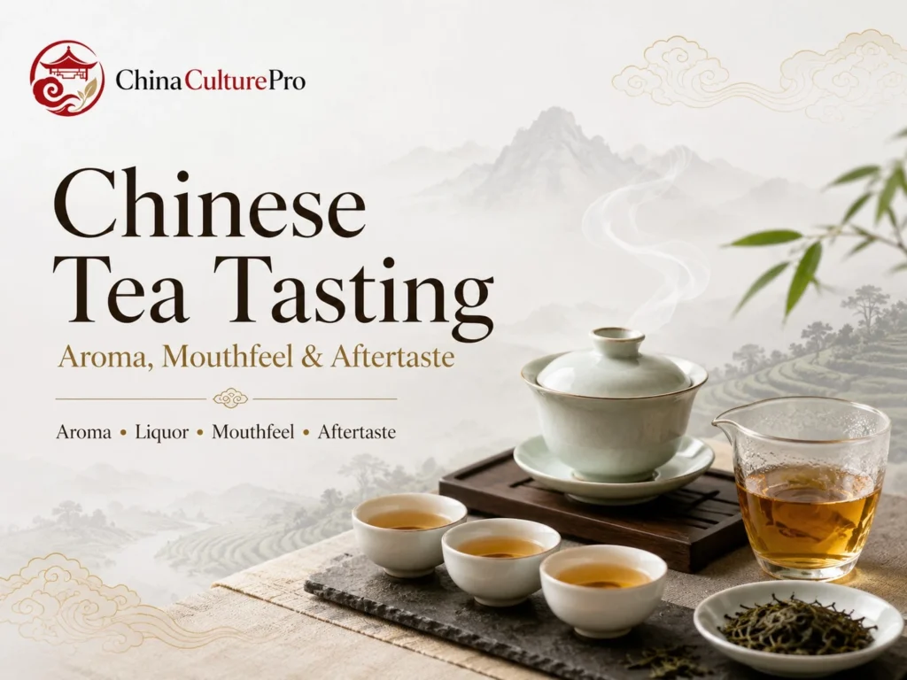 Chinese tea tasting cover with gaiwan, tasting cups, fairness cup, loose tea leaves, and aroma focused tea setup