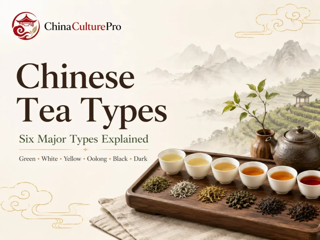 Chinese tea types cover with six tea cups, loose leaf samples, and six major tea categories display