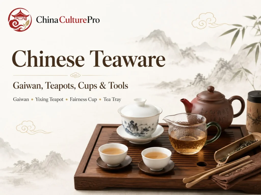 Chinese teaware cover with gaiwan, Yixing teapot, fairness cup, tea cups, and tea tray