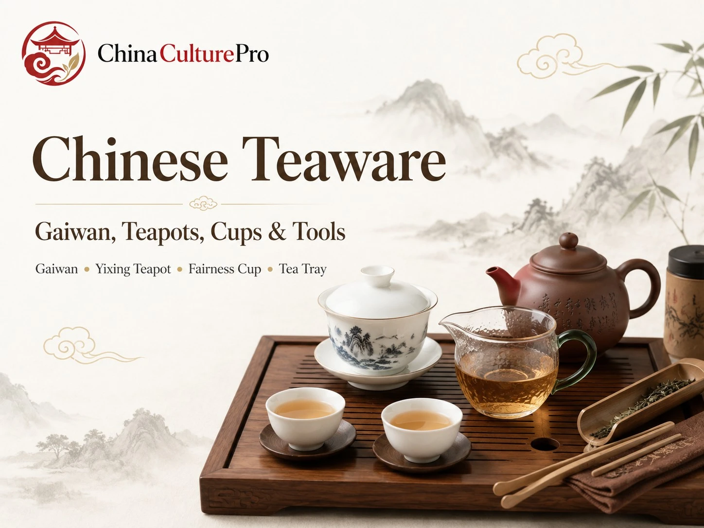 Chinese teaware cover with gaiwan, Yixing teapot, fairness cup, tea cups, and tea tray