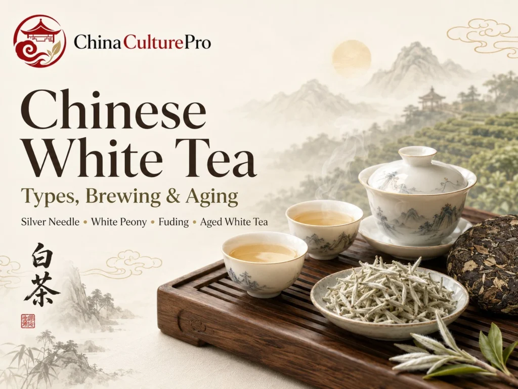 Chinese white tea cover with Silver Needle buds, gaiwan, teacups, and aged white tea cake