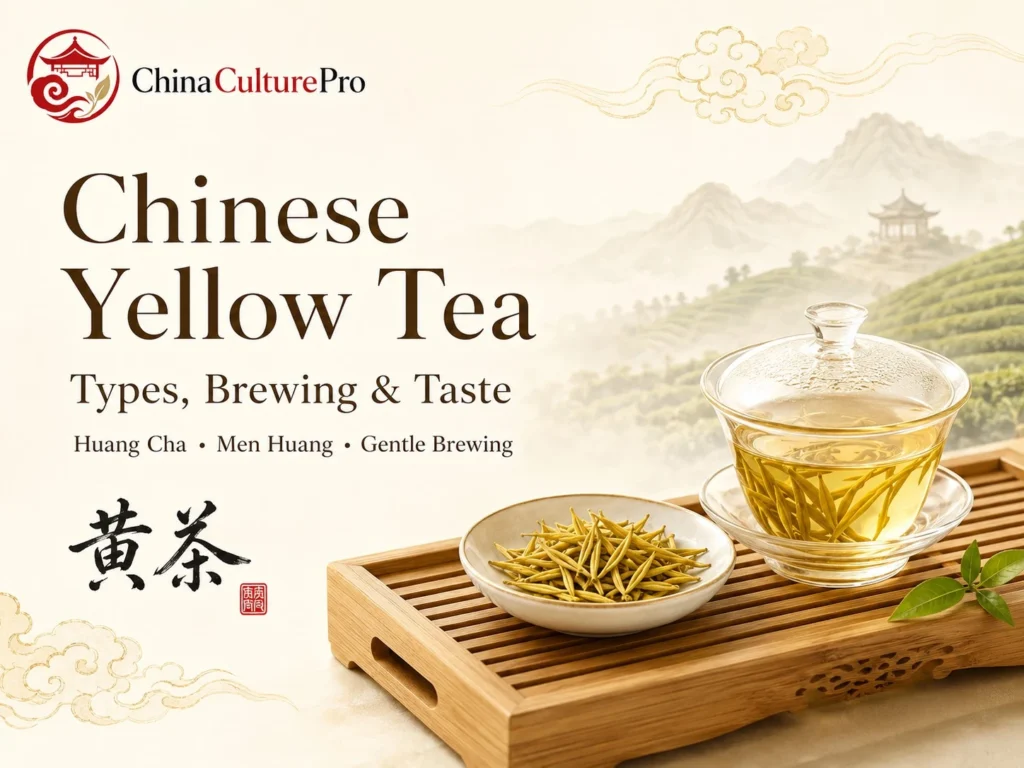 Chinese yellow tea cover with gaiwan, yellow tea buds, tea tray, and misty tea hills
