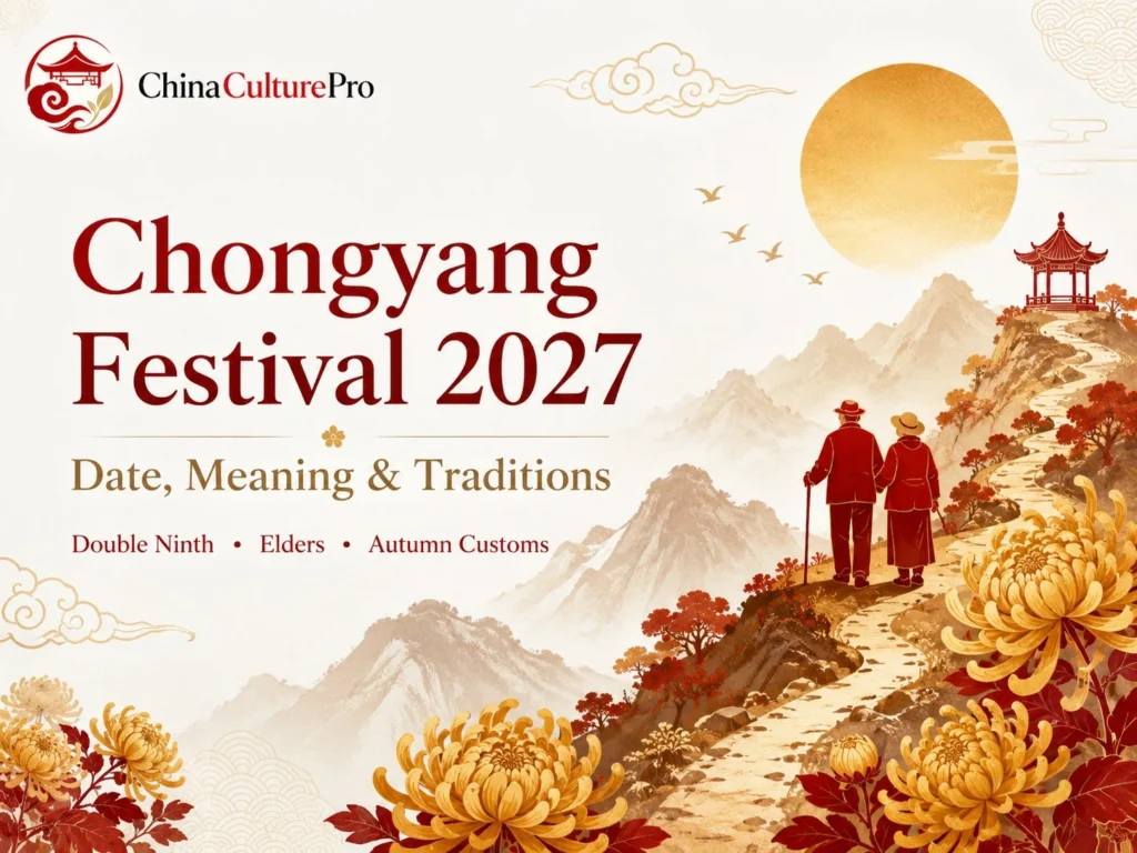Chongyang Festival 2027 cover showing autumn mountains, chrysanthemums, and Double Ninth traditions.
