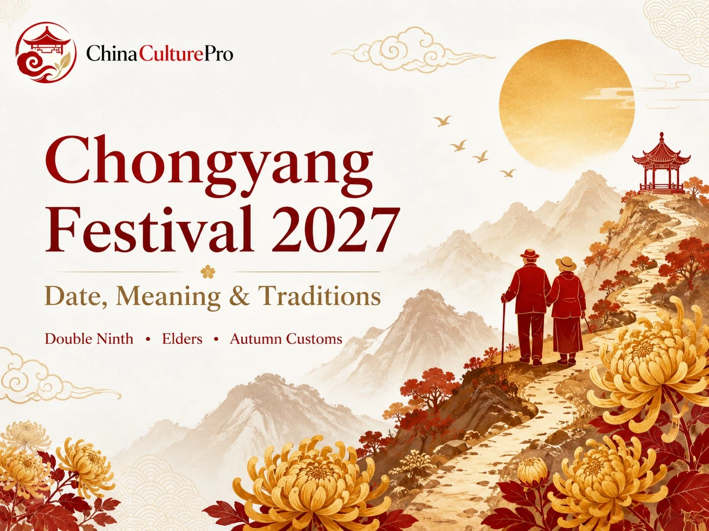 Chongyang Festival 2027 cover showing autumn mountains, chrysanthemums, and Double Ninth traditions.