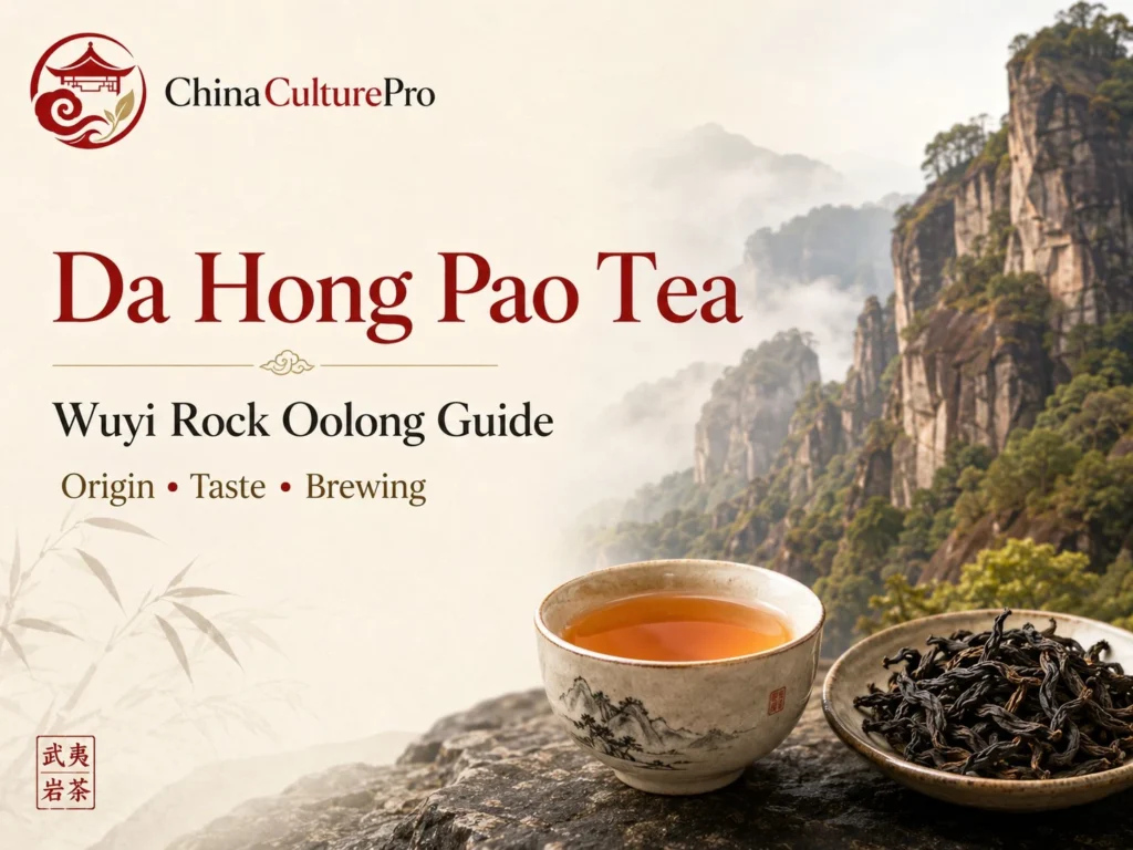 Da Hong Pao Tea guide with Wuyi rock oolong leaves, amber liquor, and misty Wuyi cliffs