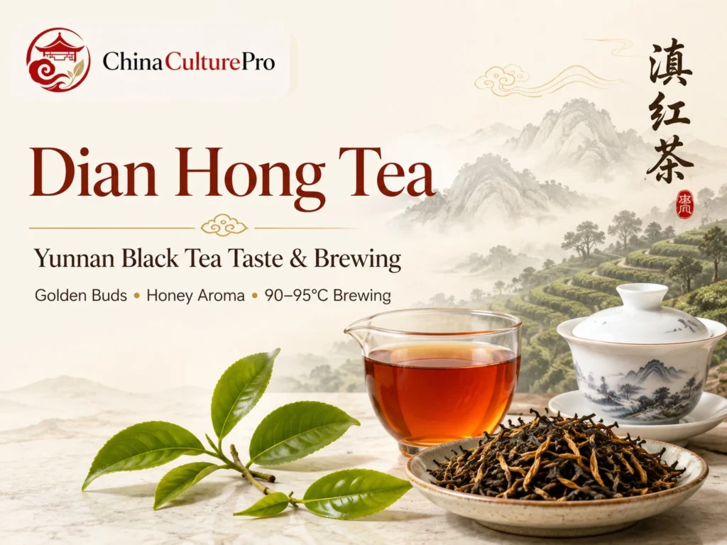 Dian Hong Tea cover with golden buds, amber liquor, gaiwan, and Yunnan tea mountain scenery