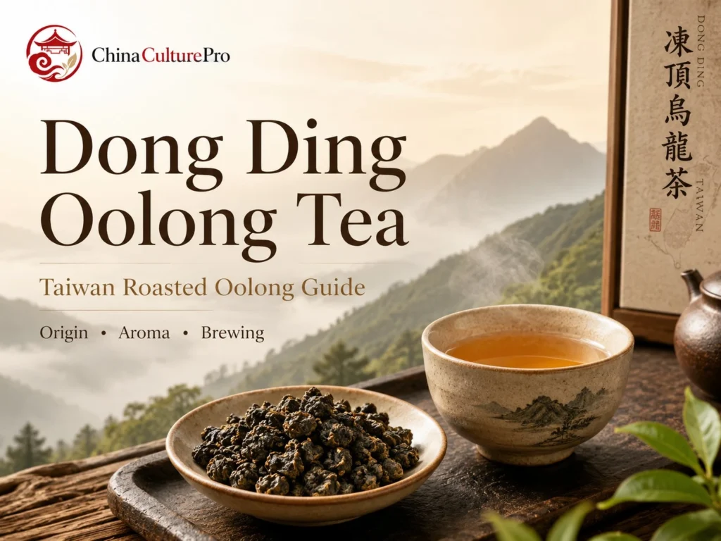 Dong Ding Oolong Tea guide with roasted Taiwan oolong leaves, amber liquor, and misty mountain scenery