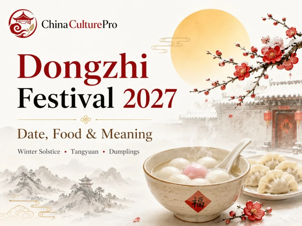 Dongzhi Festival 2027 cover with tangyuan, dumplings, winter solstice symbolism, and traditional Chinese design.