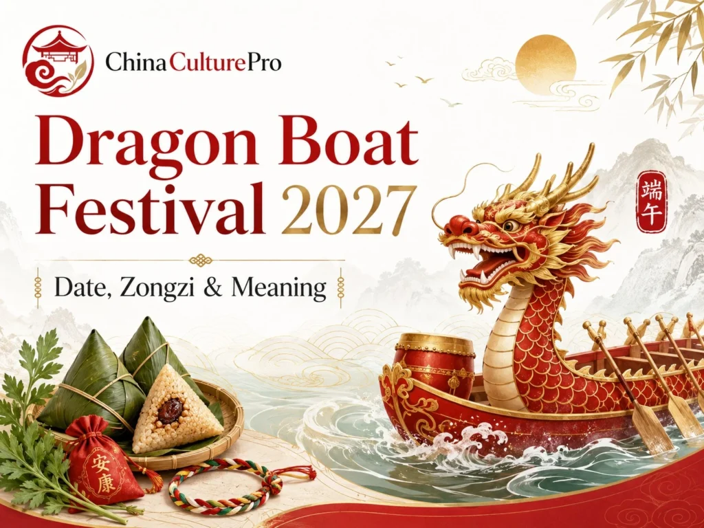 Dragon Boat Festival 2027 cover with zongzi, dragon boat, and traditional Chinese festive elements