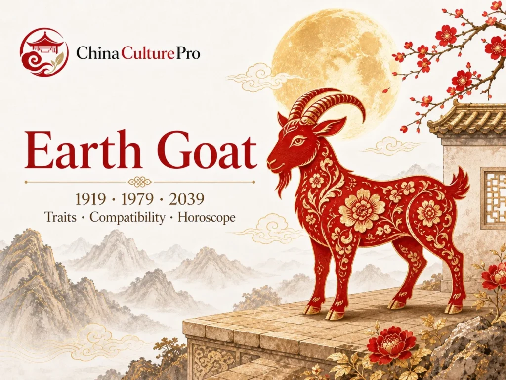 Earth Goat traits horoscope cover with red gold paper cut goat and traditional Chinese motifs.webp