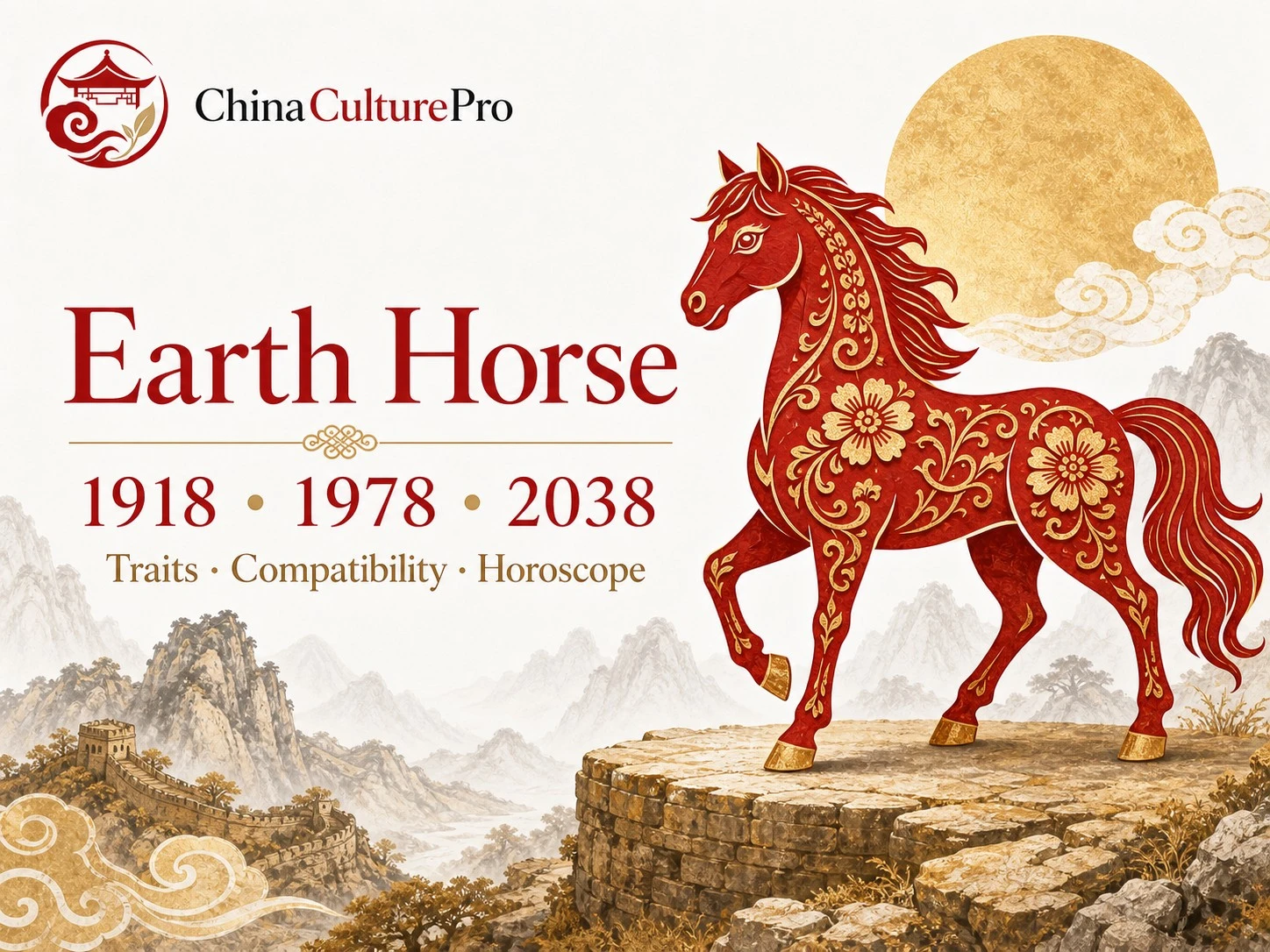 Earth Horse traits horoscope cover with red gold paper cut horse and traditional Chinese motifs.webp