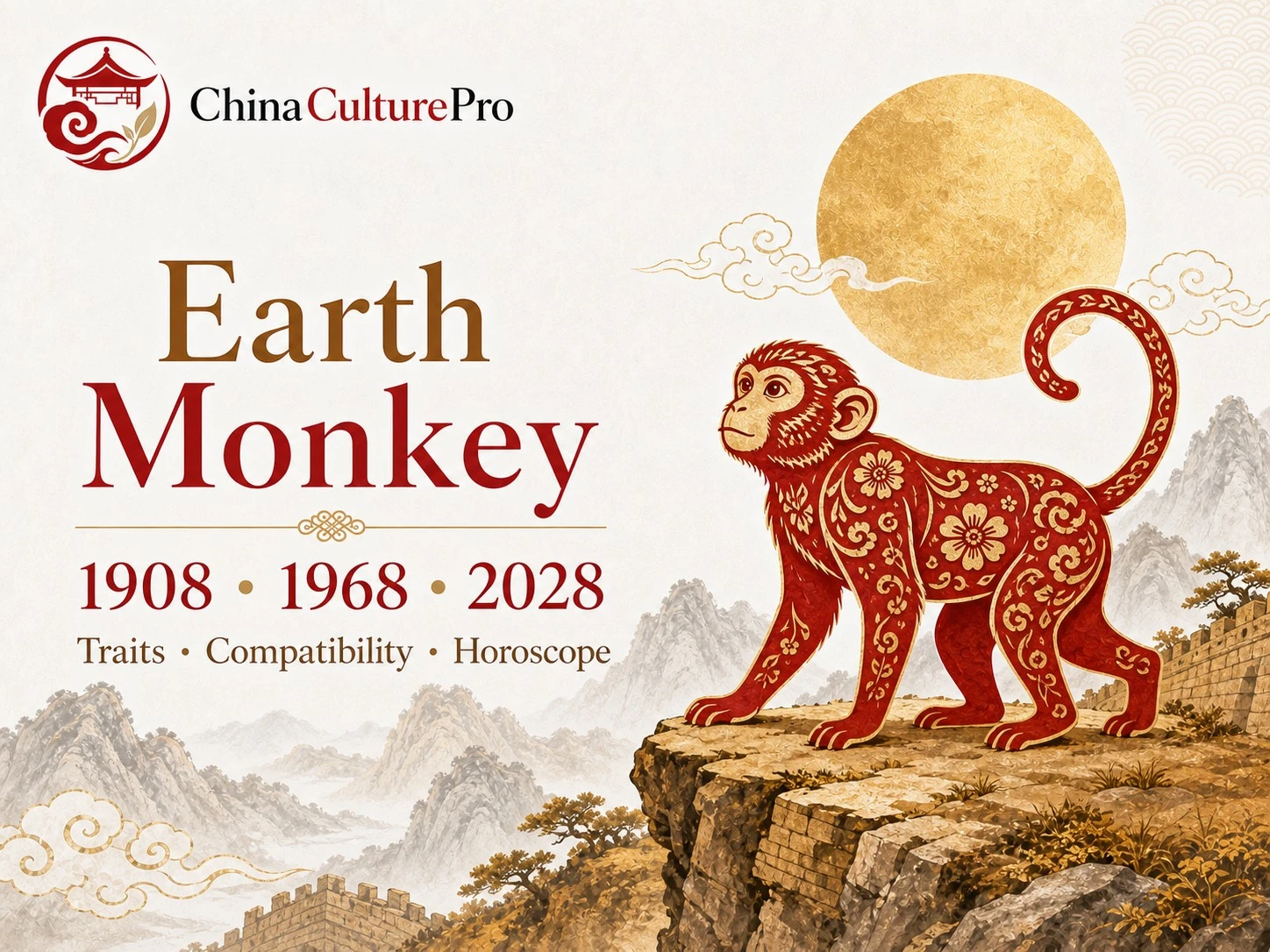 Earth Monkey traits horoscope cover with red gold paper cut monkey and traditional Chinese motifs.webp