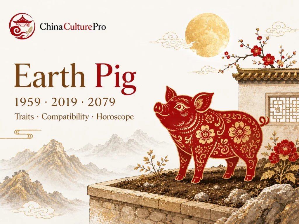 Earth Pig traits horoscope cover with red gold paper cut pig and traditional Chinese motifs.webp.webp