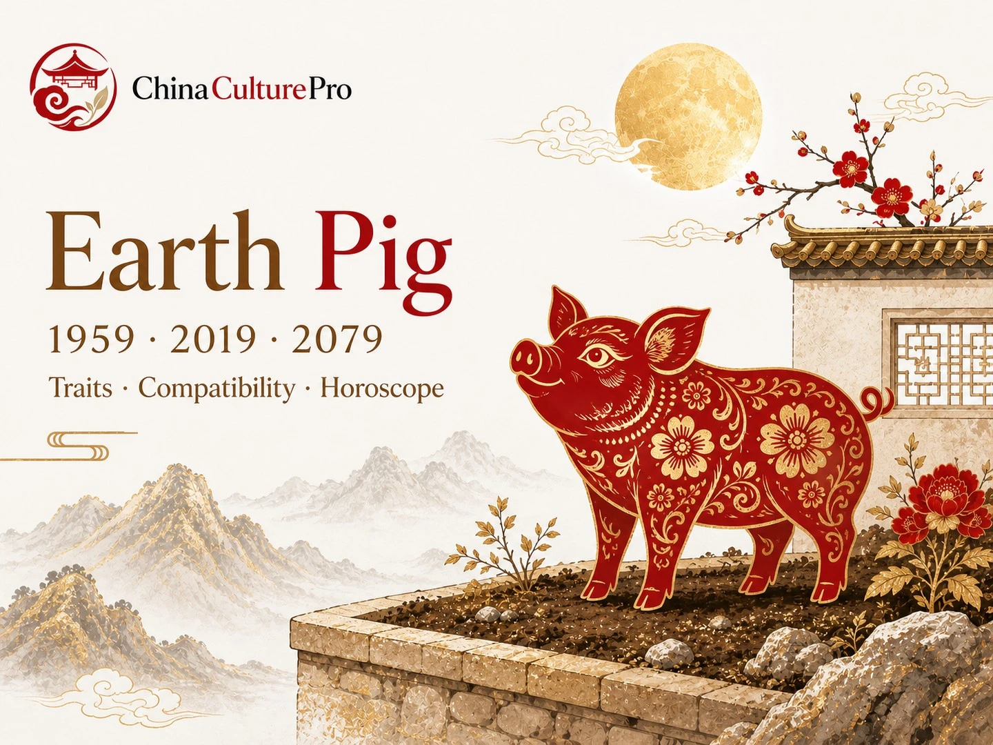 Earth Pig traits horoscope cover with red gold paper cut pig and traditional Chinese motifs.webp.webp