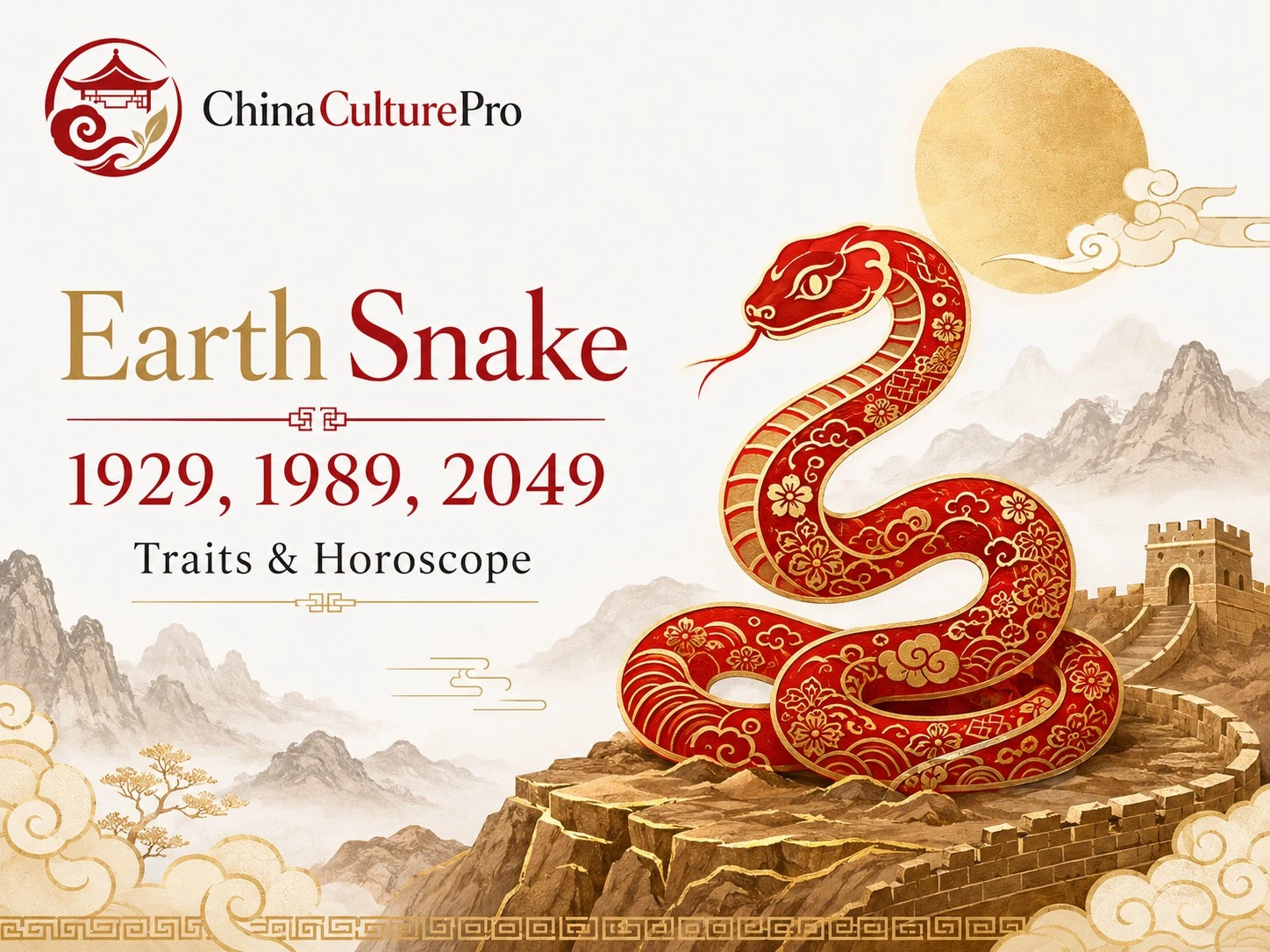 Earth Snake traits horoscope cover with red gold paper cut snake and traditional Chinese motifs