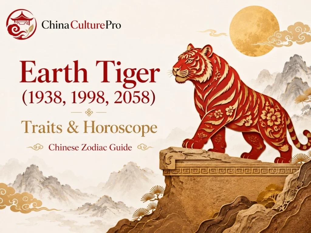Earth Tiger Chinese zodiac cover with red paper cut tiger, city wall, moon, and earth element scenery
