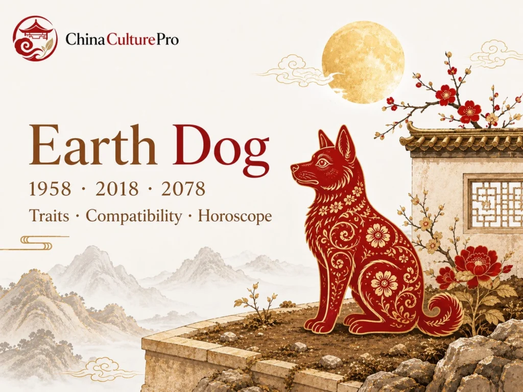Earth dog traits horoscope cover with red gold paper cut dog and traditional Chinese motifs.webp