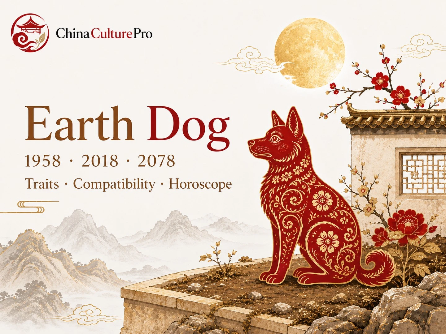 Earth dog traits horoscope cover with red gold paper cut dog and traditional Chinese motifs.webp