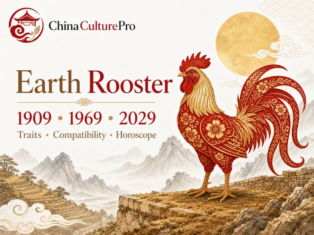 Earth rooster traits horoscope cover with red gold paper cut rooster and traditional Chinese motifs.webp