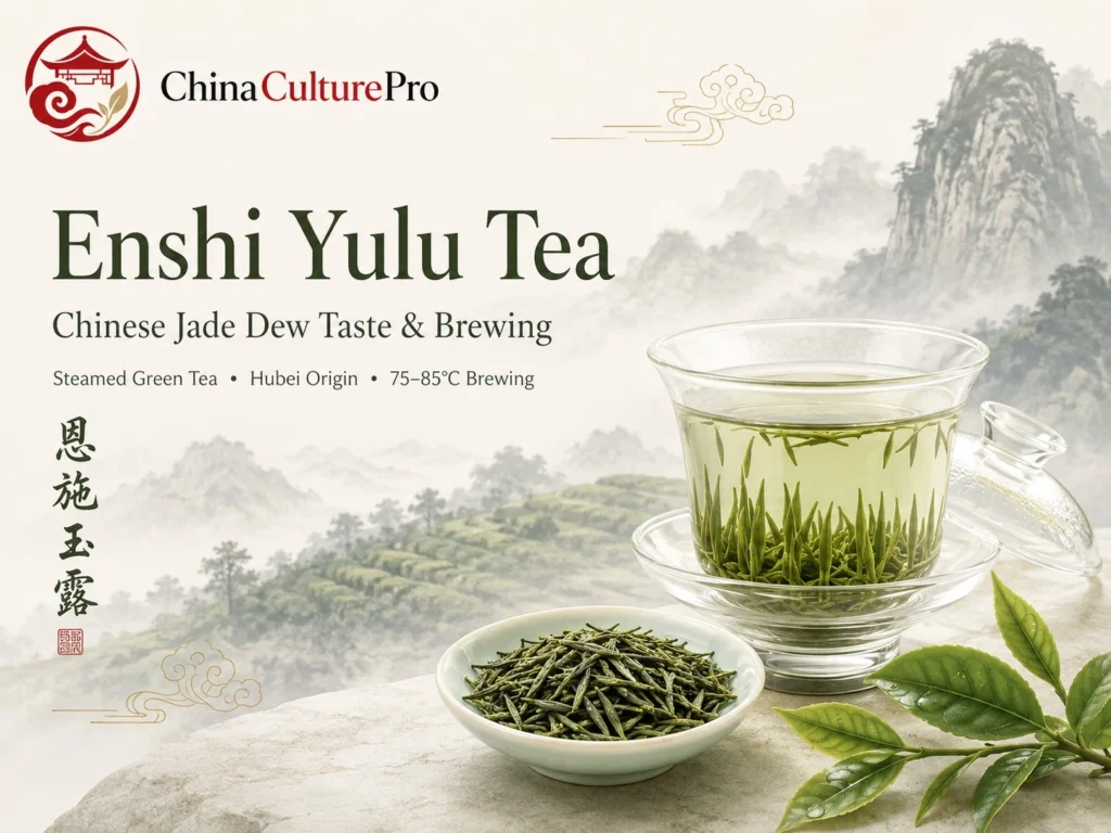Enshi Yulu tea cover with glass gaiwan, needle shaped green tea leaves, and misty Hubei mountain scenery